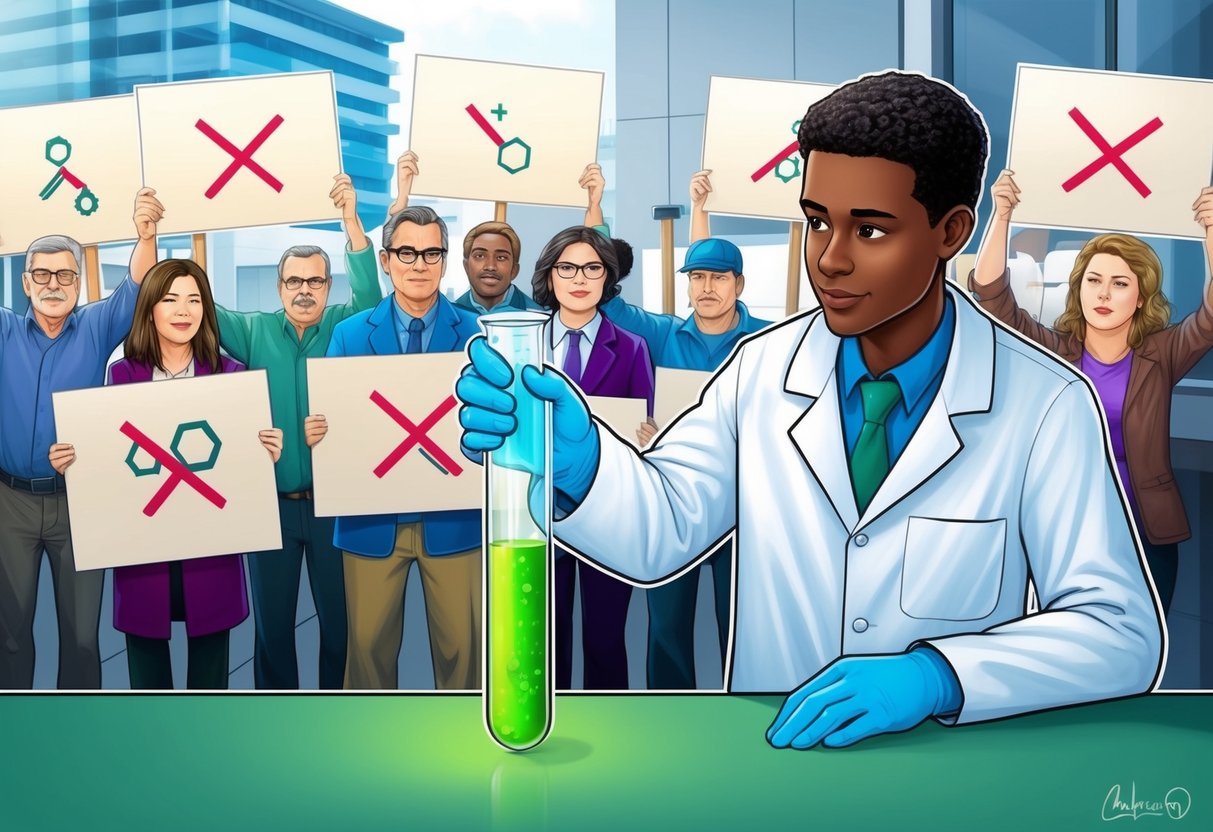 A scientist in a lab coat examines a test tube containing a green liquid, while a group of protesters outside hold signs with crossed-out chemical symbols