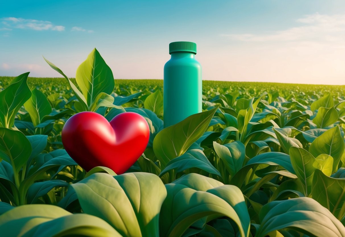 A lush field of genetically modified crops with a heart-shaped medicine bottle growing among them