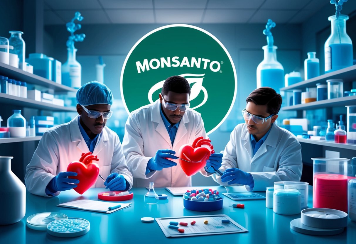 A bustling pharmaceutical lab with scientists analyzing heart medicine, while Monsanto's logo prominently displayed in the background