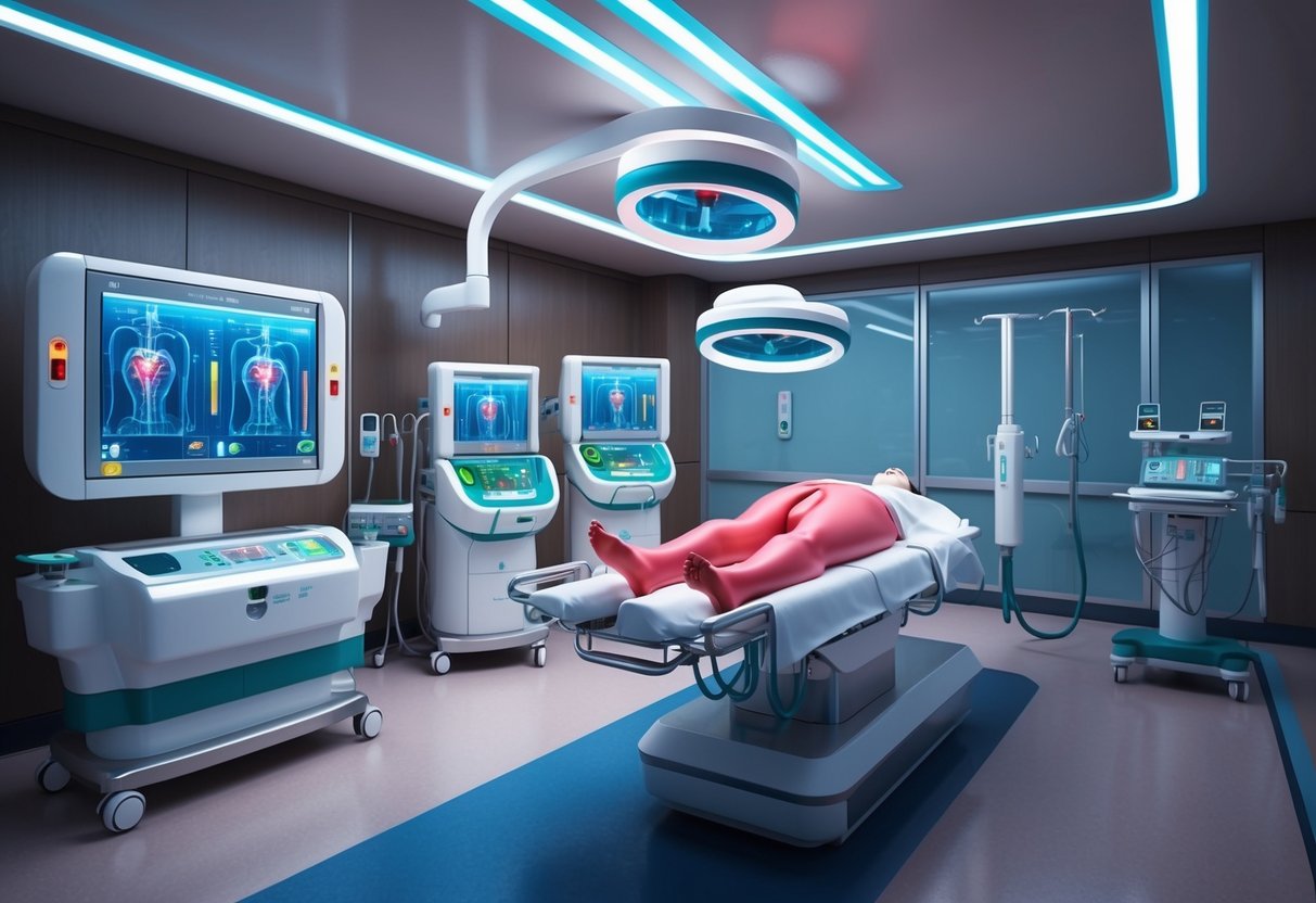 A futuristic medical facility with advanced machinery and equipment for cardiac treatment