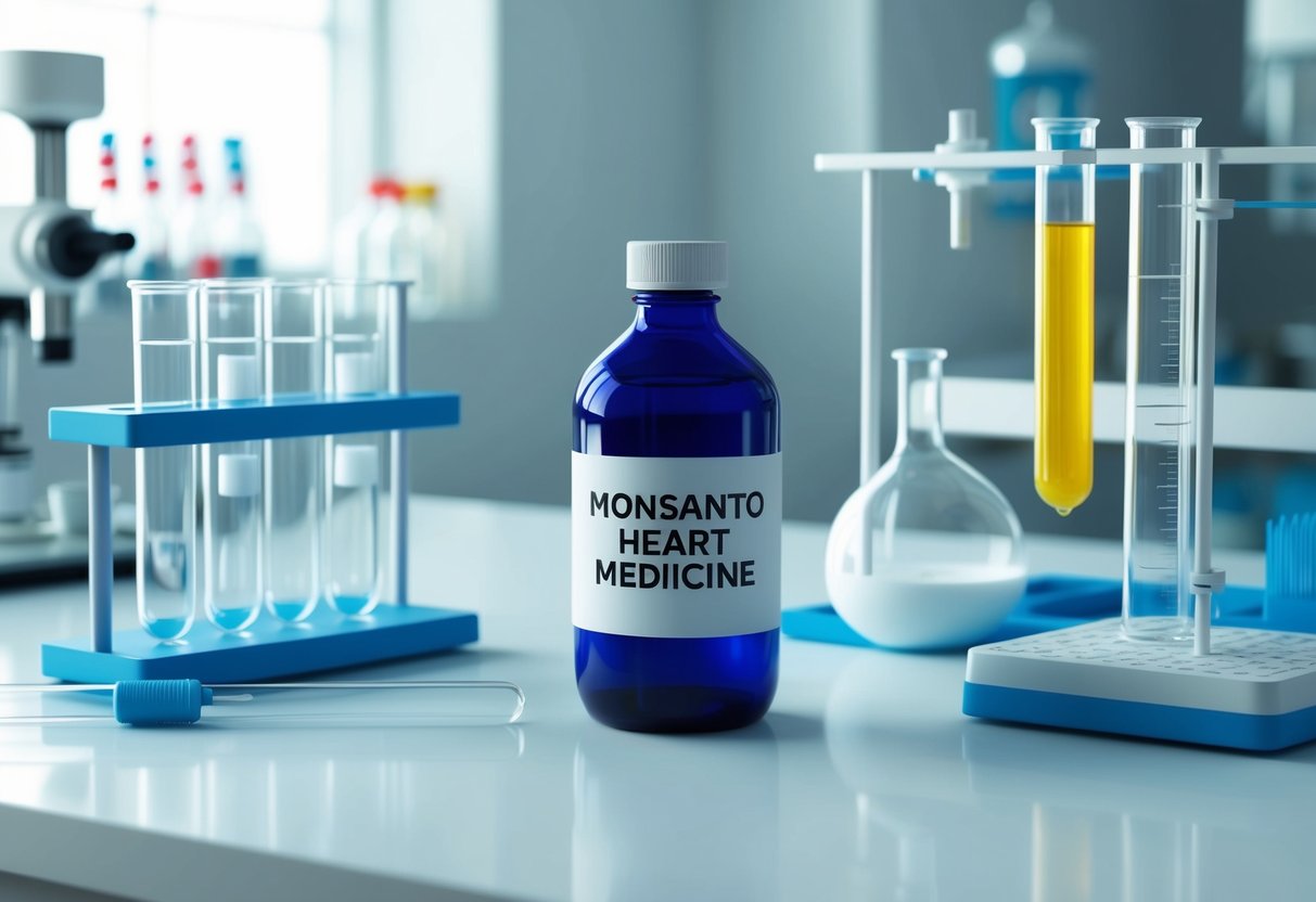 A laboratory setting with test tubes and scientific equipment, with a bottle labeled "Monsanto Heart Medicine" on a clean, white countertop