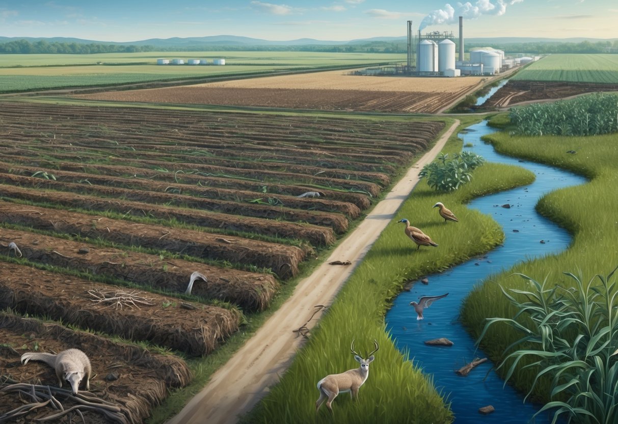 Barren fields surrounded by dead wildlife, polluted waterways, and sickly vegetation near a Monsanto facility