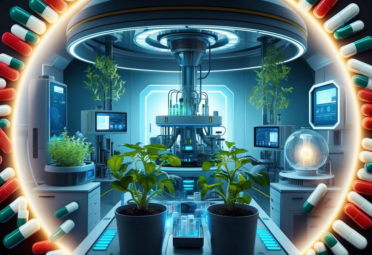 A futuristic laboratory with genetically modified plants and high-tech equipment, surrounded by a glowing aura of medical pills and heart medication