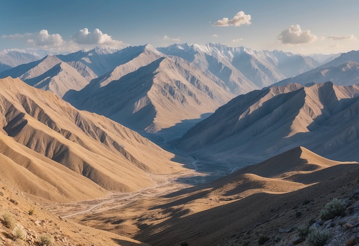 Rolling mountains and deep valleys dominate the rugged terrain of Afghanistan, with sparse vegetation and rocky outcrops scattered throughout