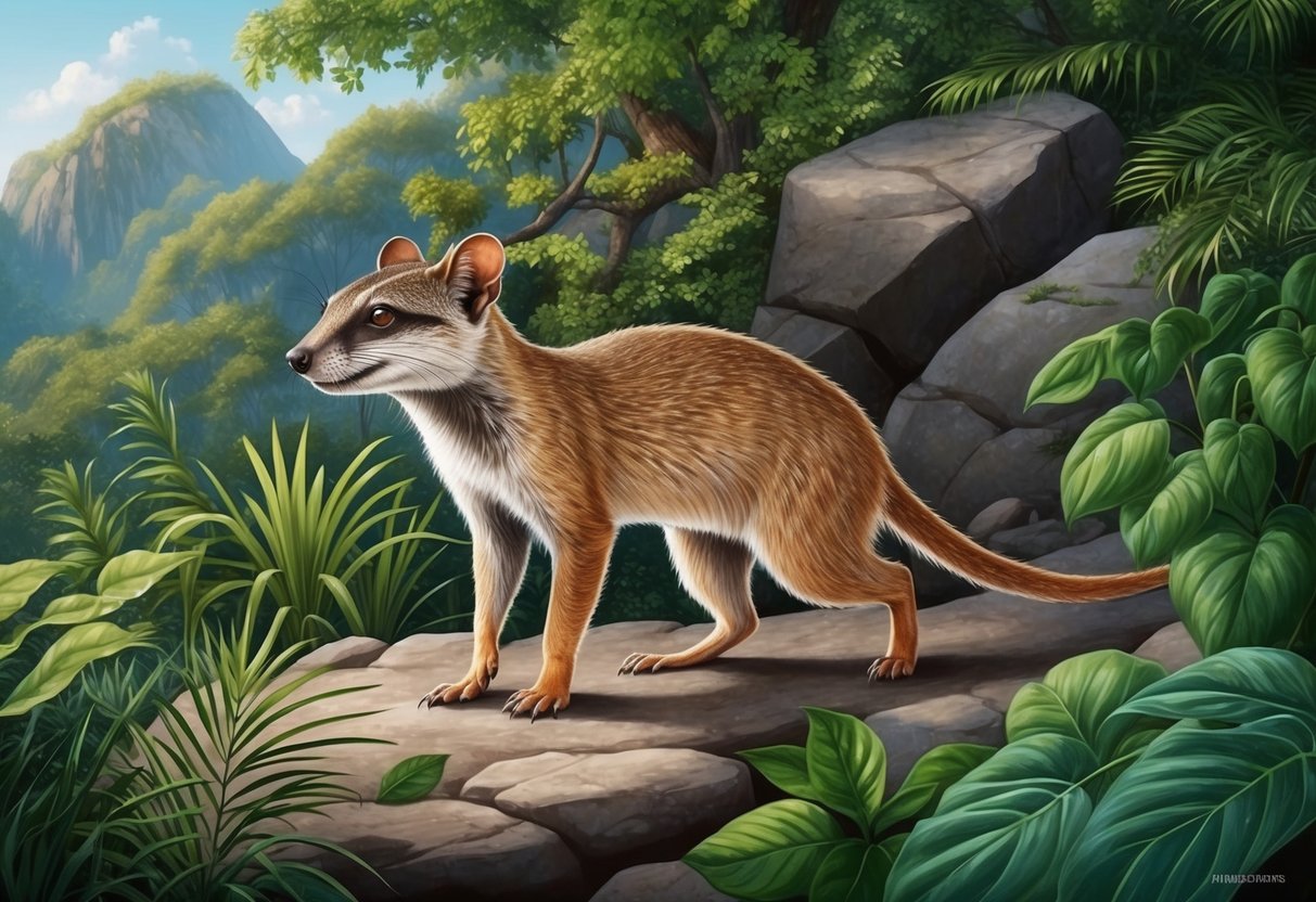 A mongoose in its natural habitat, surrounded by lush vegetation and rocky terrain