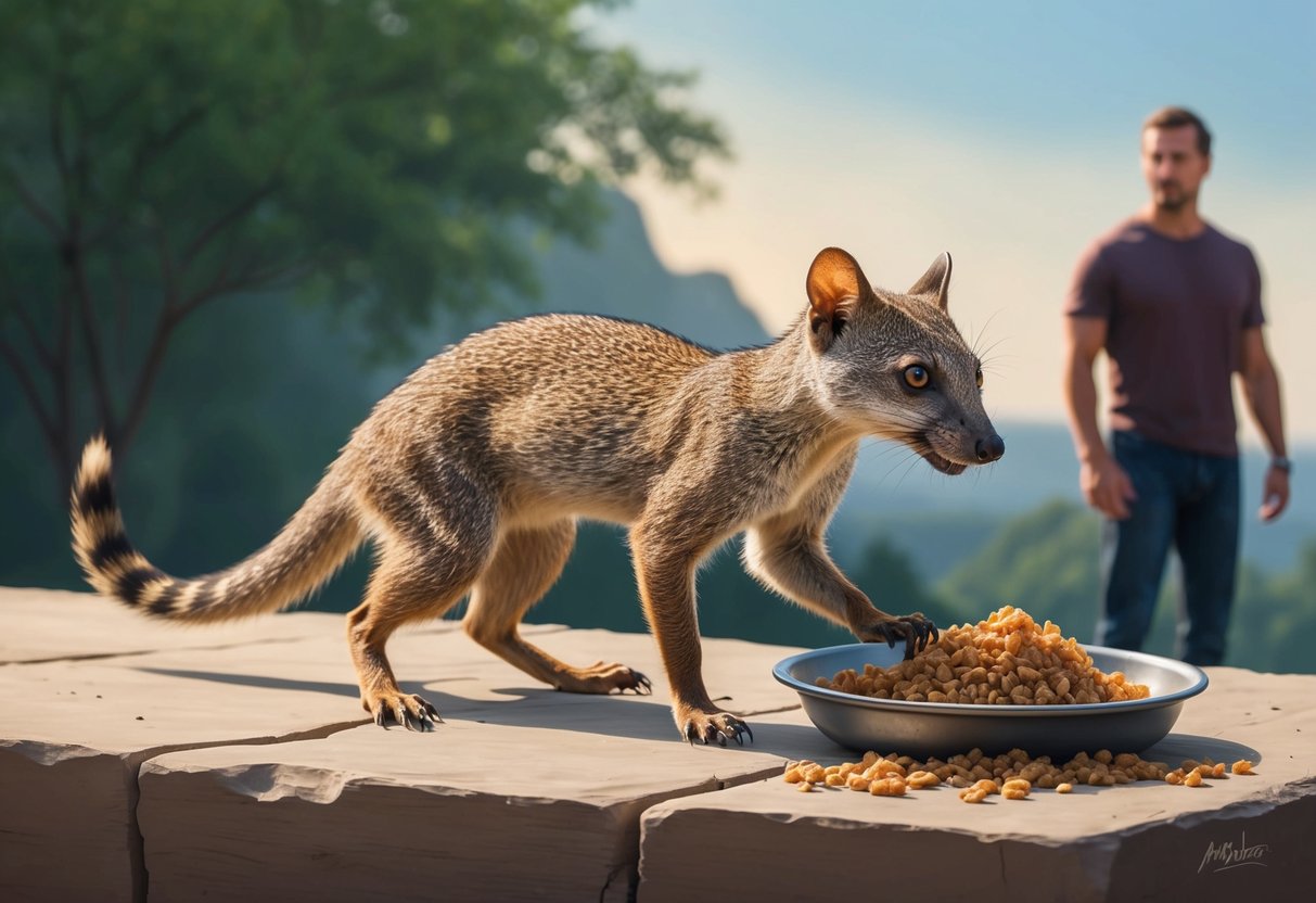 A mongoose cautiously approaches a human's discarded food, while the human watches from a distance