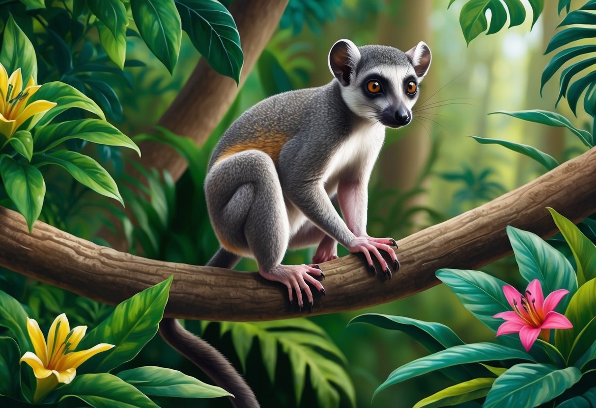 A mouse lemur perched on a tree branch in a tropical forest, surrounded by lush green foliage and vibrant flowers