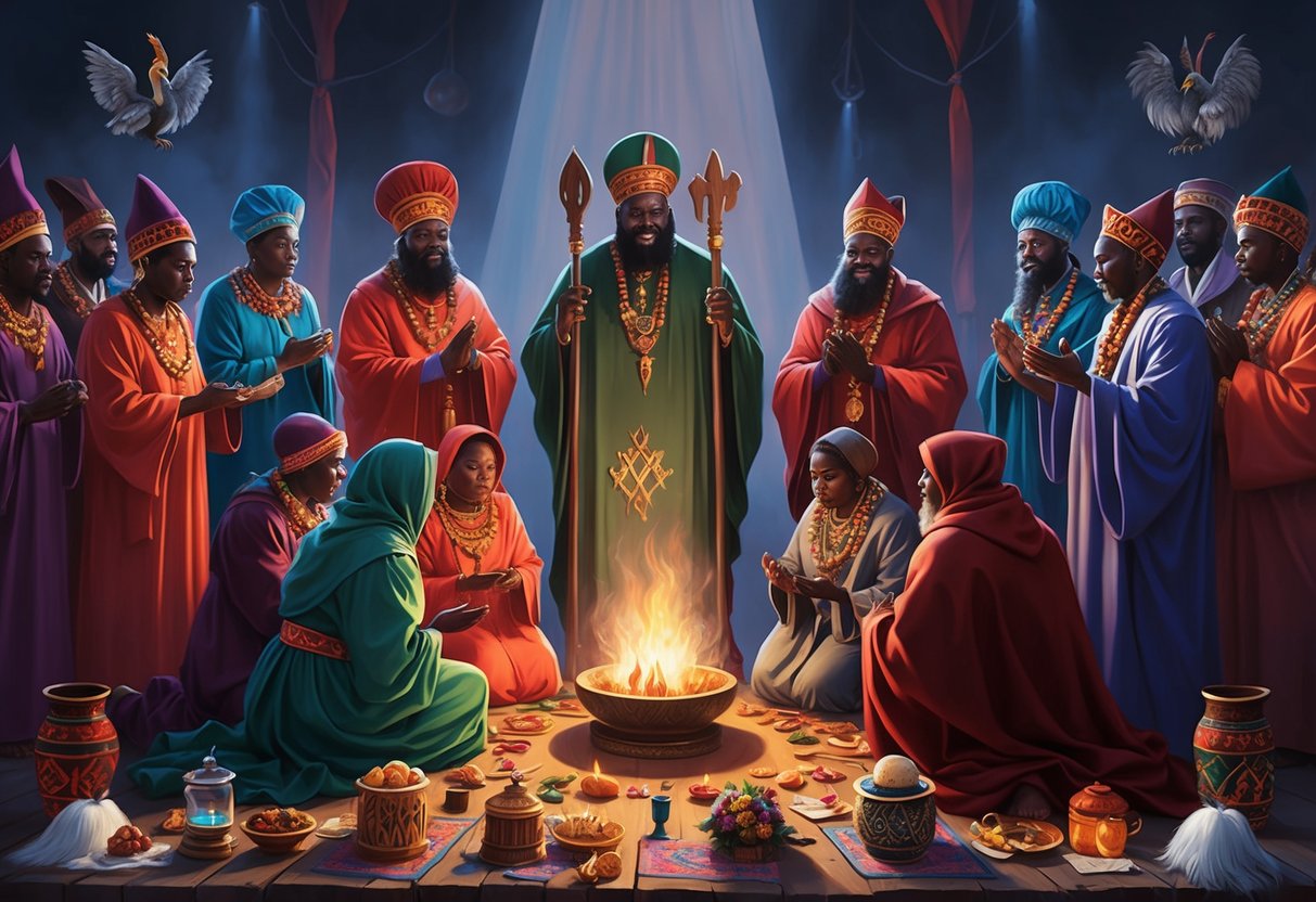 A group of worshippers gather around a ceremonial altar, surrounded by offerings and symbols of the voodoo religion