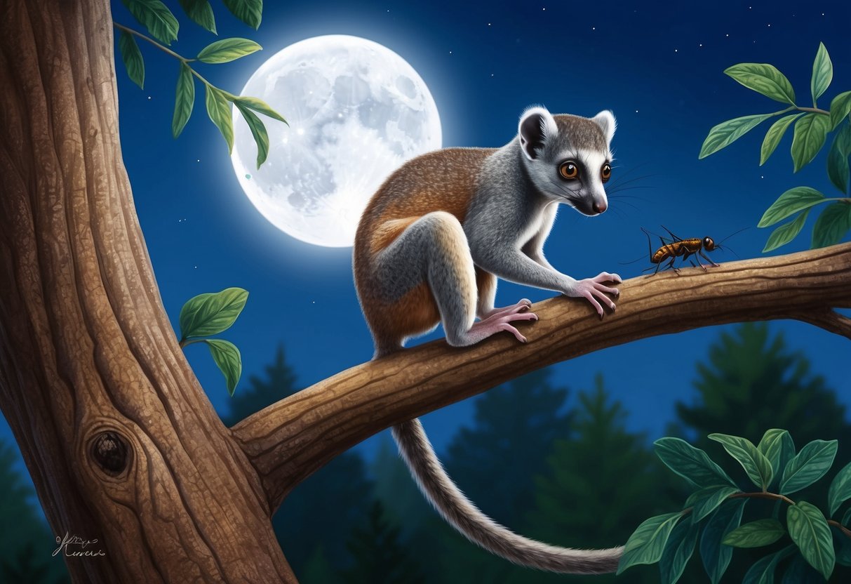 A mouse lemur perched on a tree branch, foraging for insects in the moonlit forest