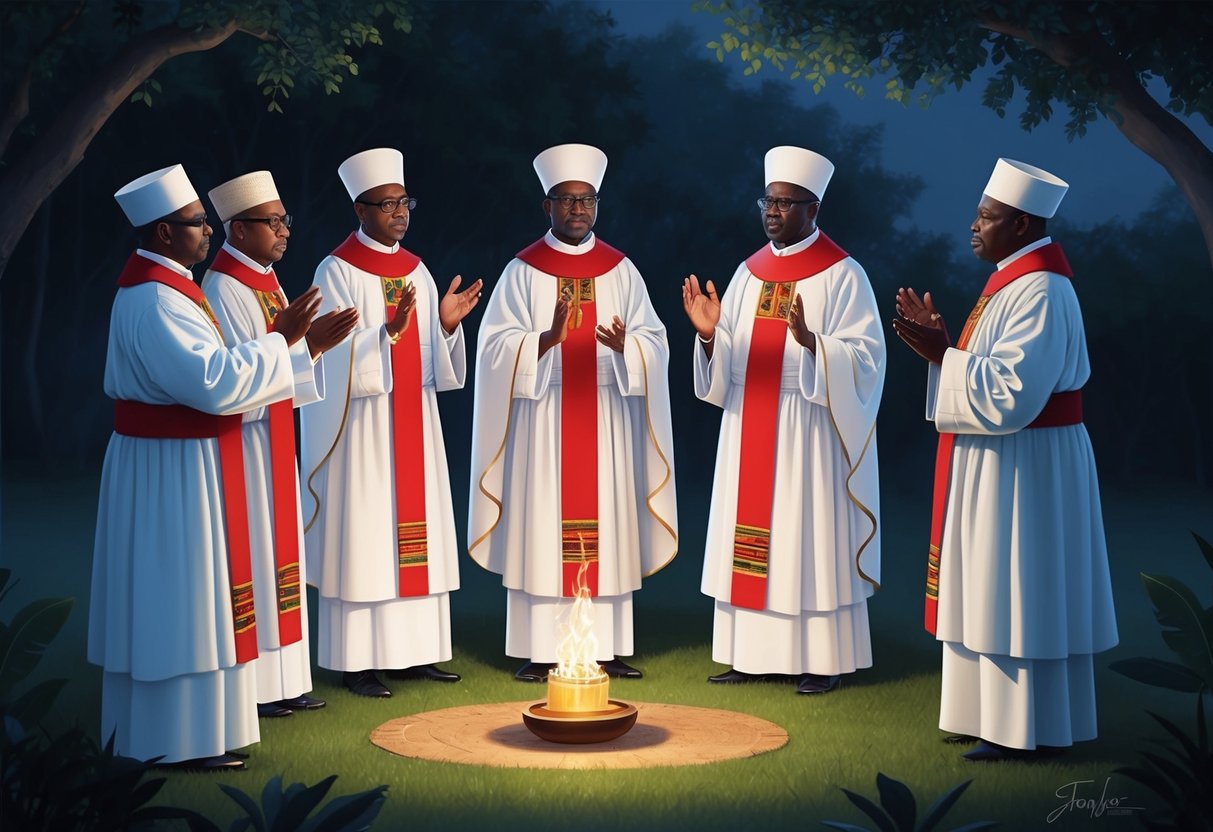 A group of clergy members in traditional attire conducting a voodoo ceremony in a dimly lit outdoor setting