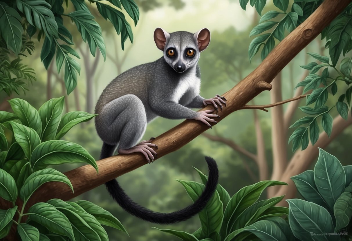 A mouse lemur perched on a tree branch, surrounded by lush green foliage, with a backdrop of a threatened forest habitat