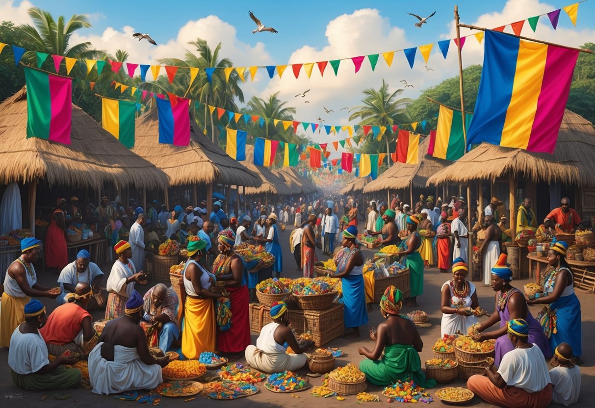 A crowded marketplace with colorful voodoo flags and offerings, surrounded by traditional huts and people engaged in vodou rituals