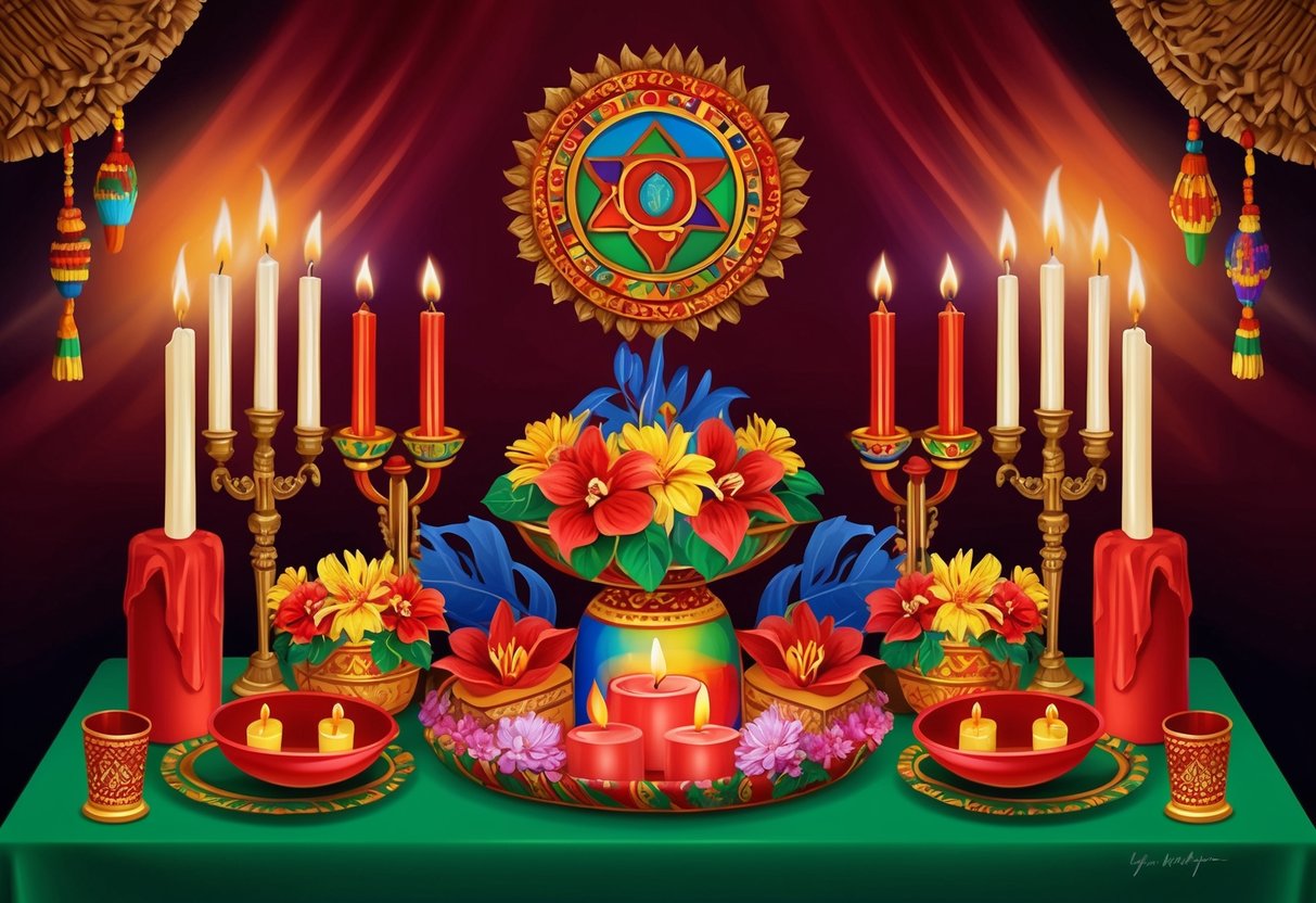 A colorful Vodou altar with candles, flowers, and symbolic objects