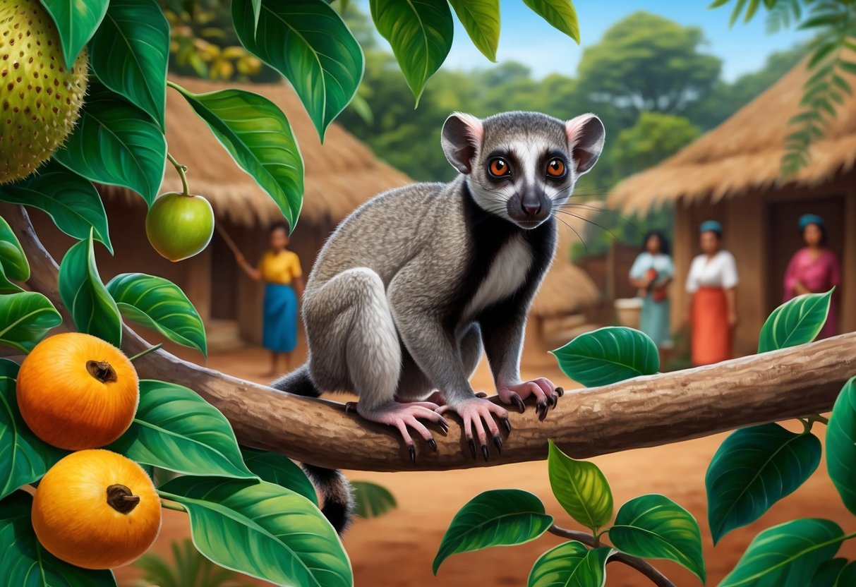 A mouse lemur perched on a branch, surrounded by lush foliage and exotic fruits, with local villagers in the background