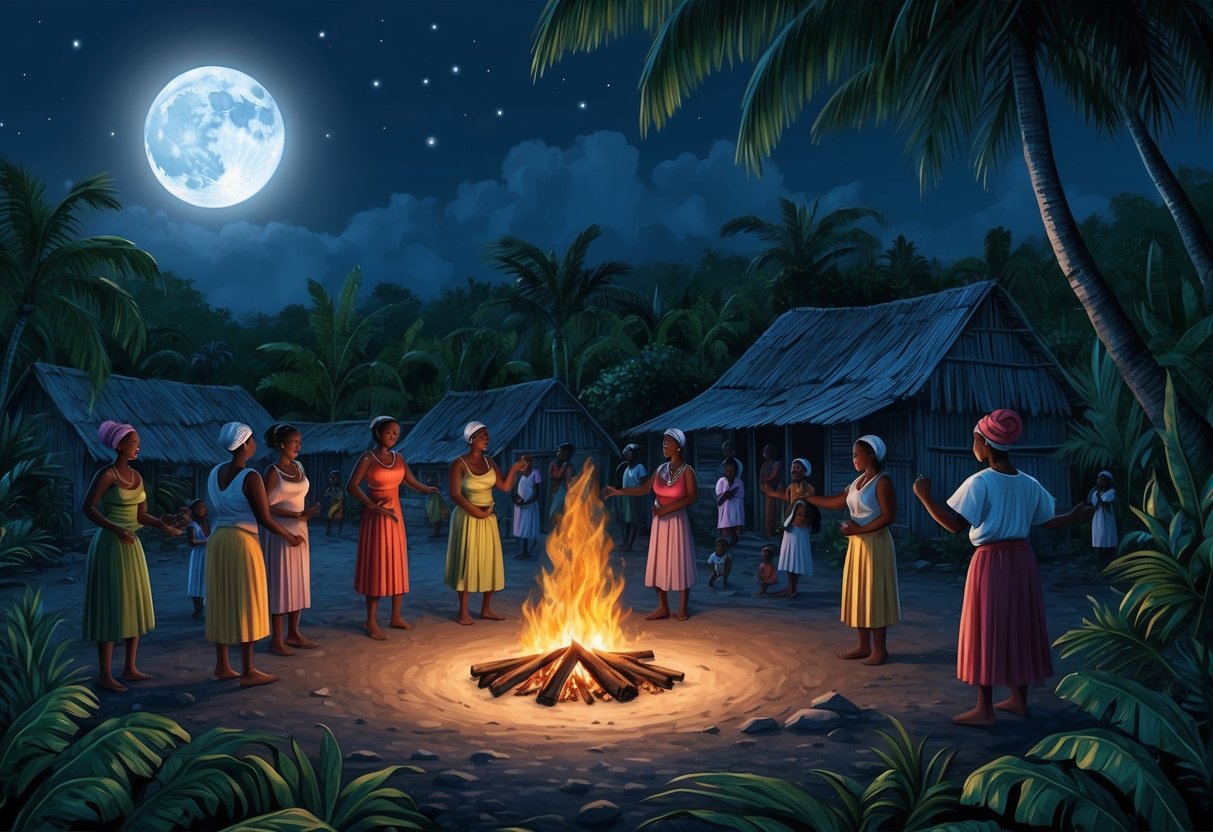 A moonlit night in rural Haiti, with a small village surrounded by dense jungle.</p><p>A group of people gather around a flickering bonfire, with a voodoo priestess leading a ritual dance