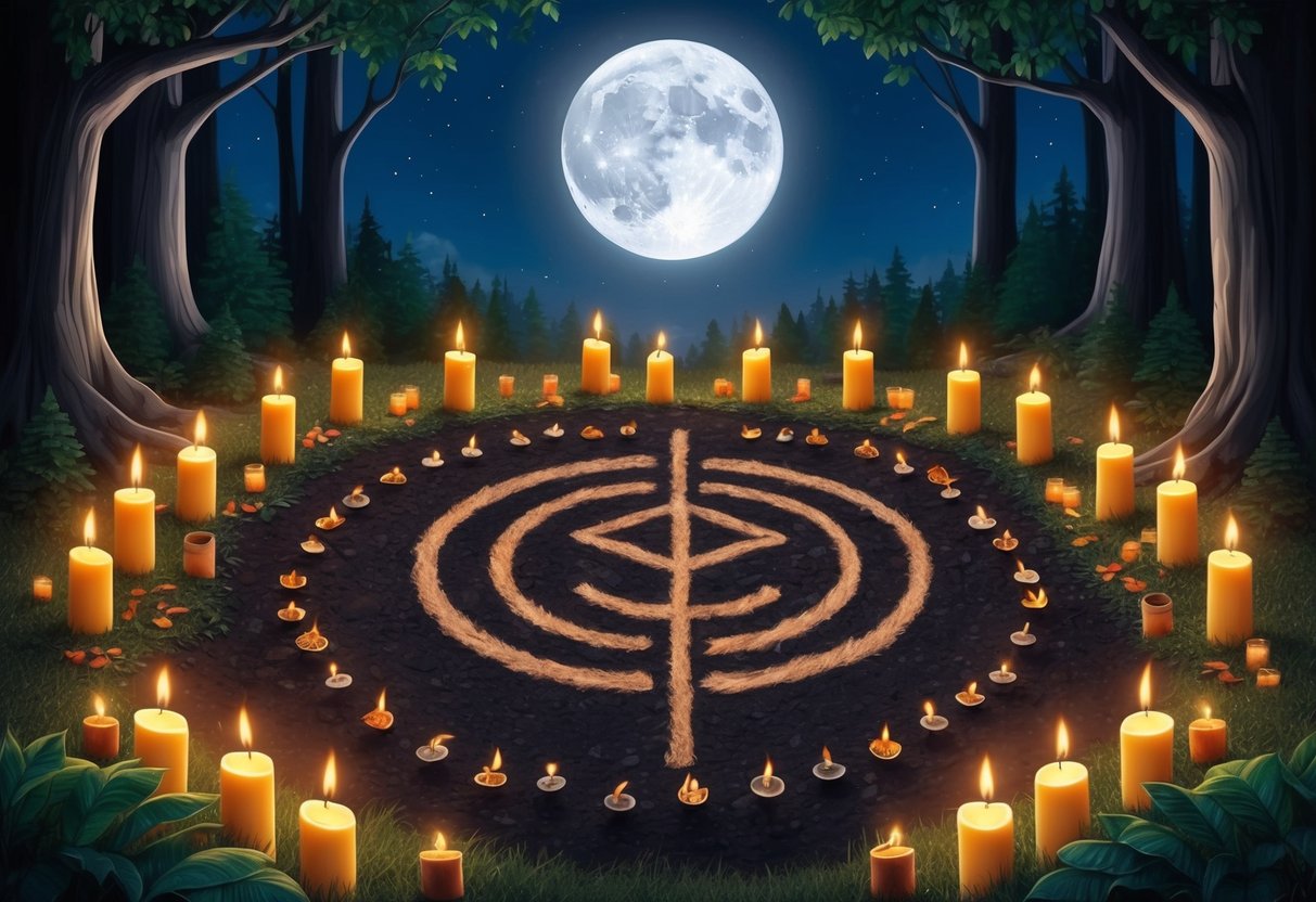 A moonlit forest clearing with flickering candles, scattered offerings, and a central veve symbol drawn in the earth