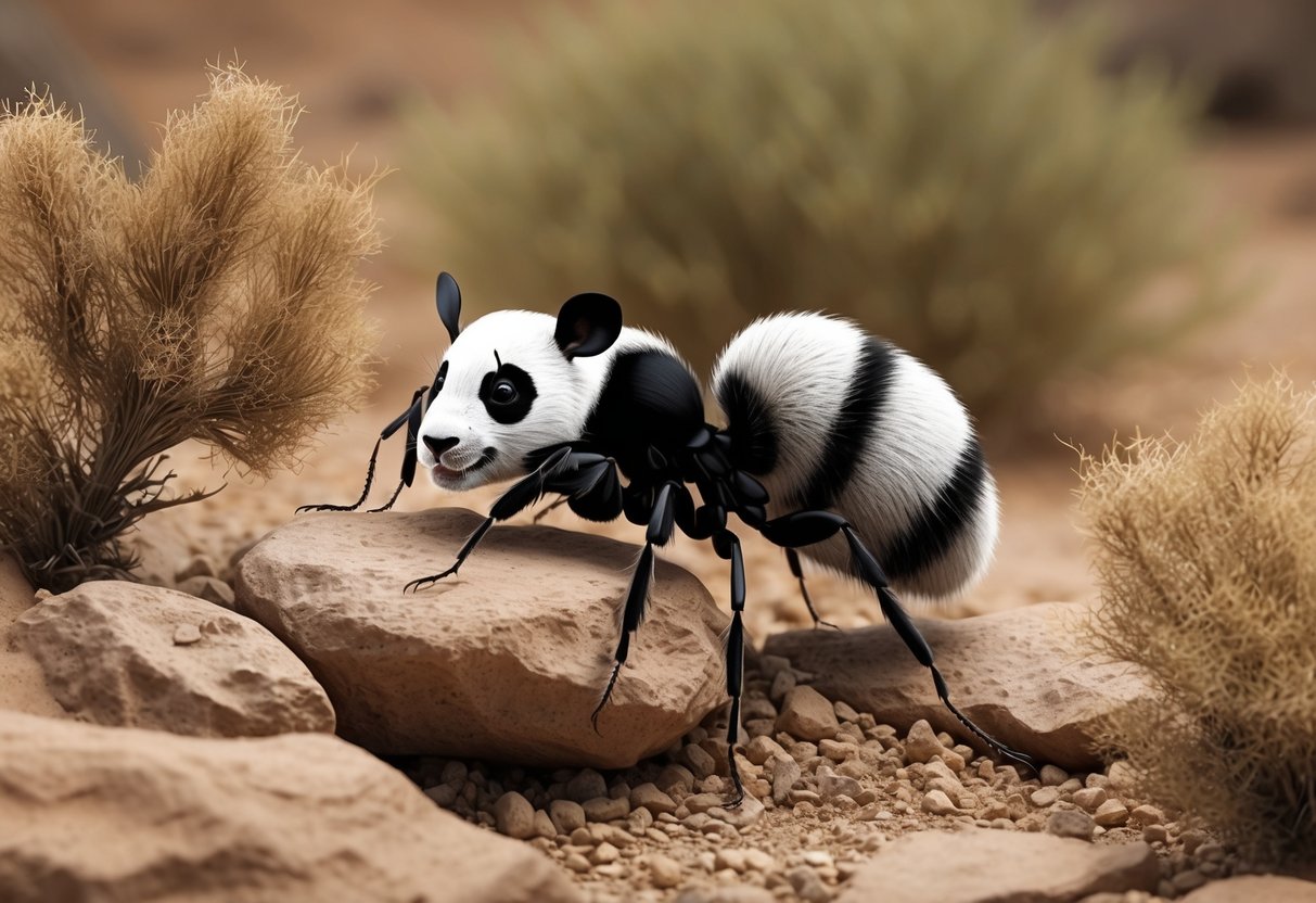 Panda ant in its natural habitat, crawling among desert rocks and dry shrubs