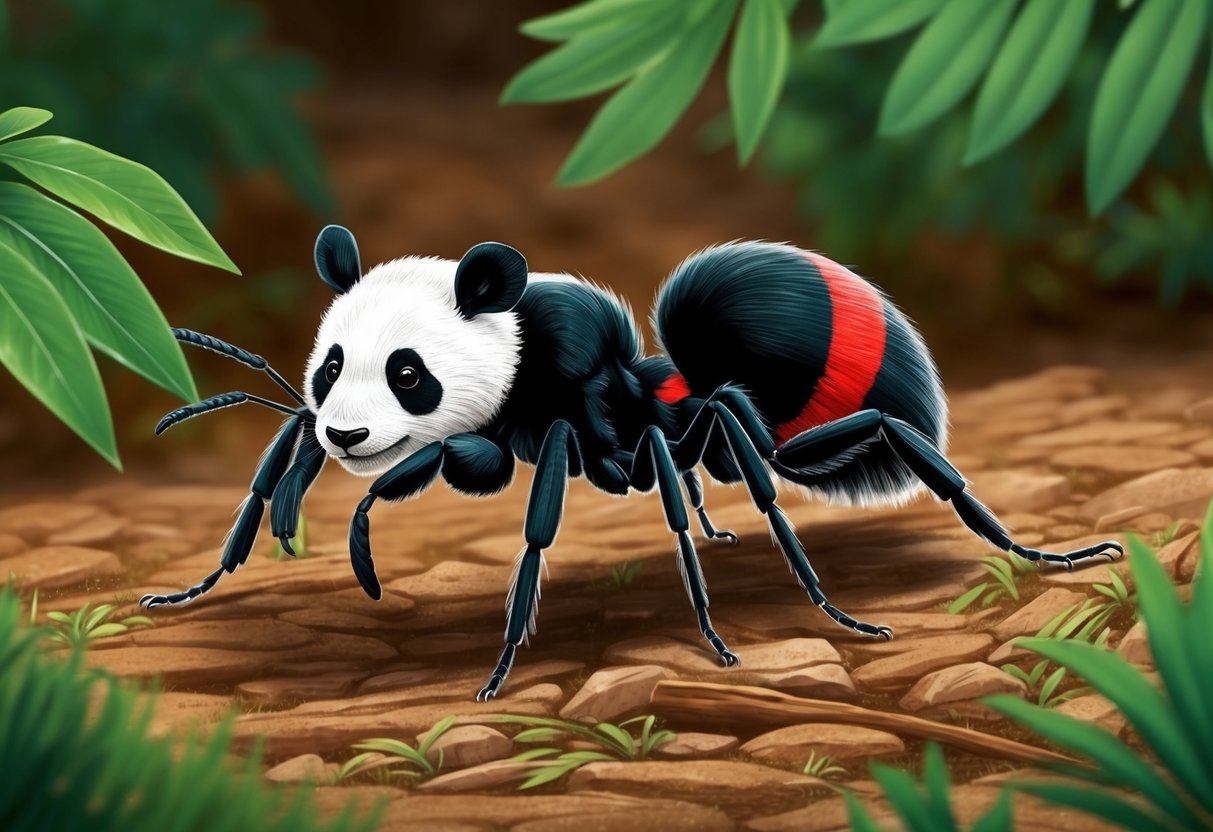 A panda ant scurrying across the forest floor, its distinct red and black markings making it stand out among the green foliage