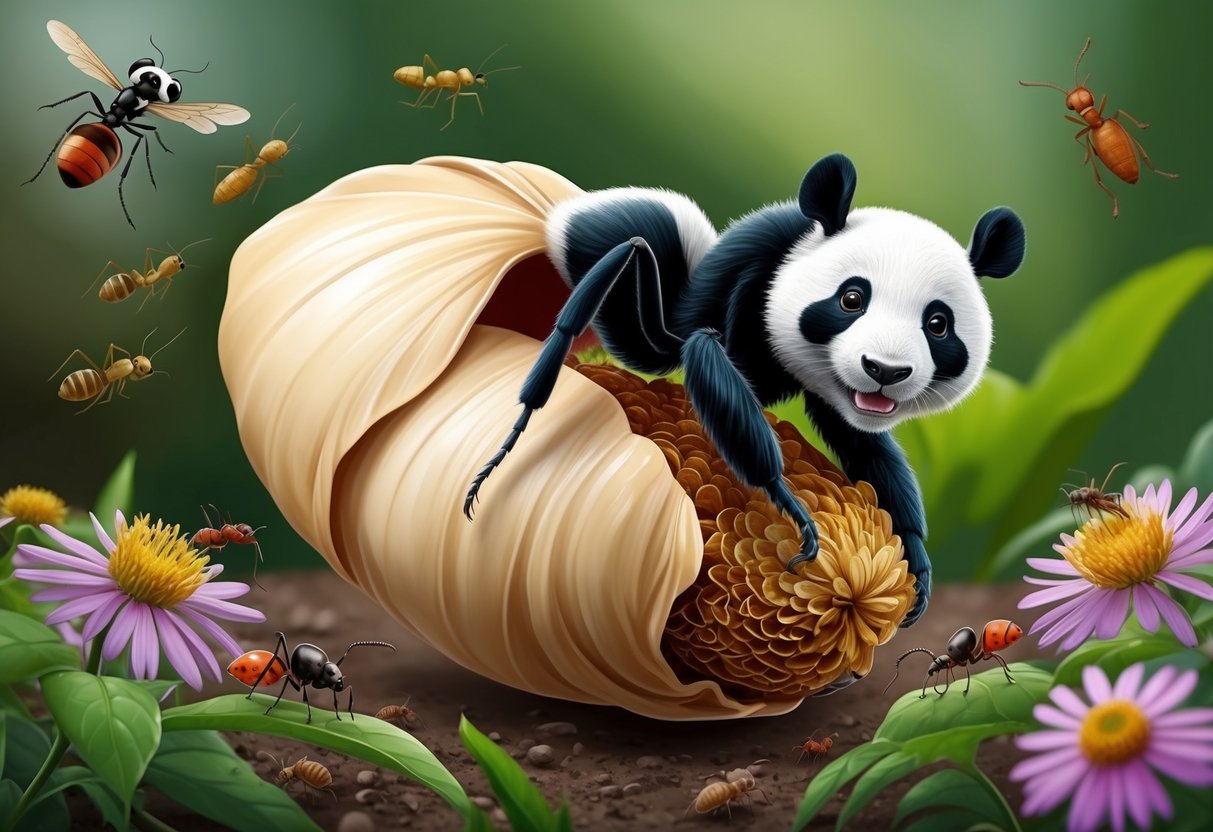 A panda ant emerging from a cocoon, surrounded by flowers and other insects