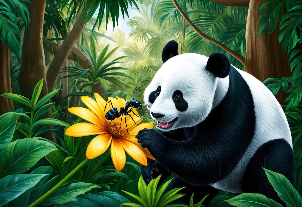 A panda ant munches on nectar from a flower in a lush tropical forest