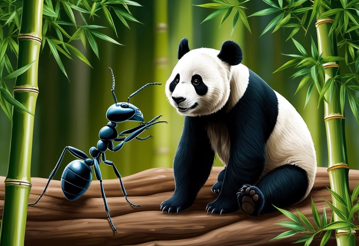 A panda and an ant share a bamboo forest, observing each other cautiously