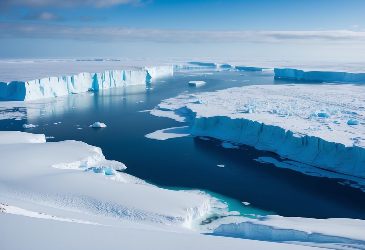 A vast expanse of ice and snow stretches across the polar landscape, with towering glaciers and frozen tundra creating a stark and beautiful scene