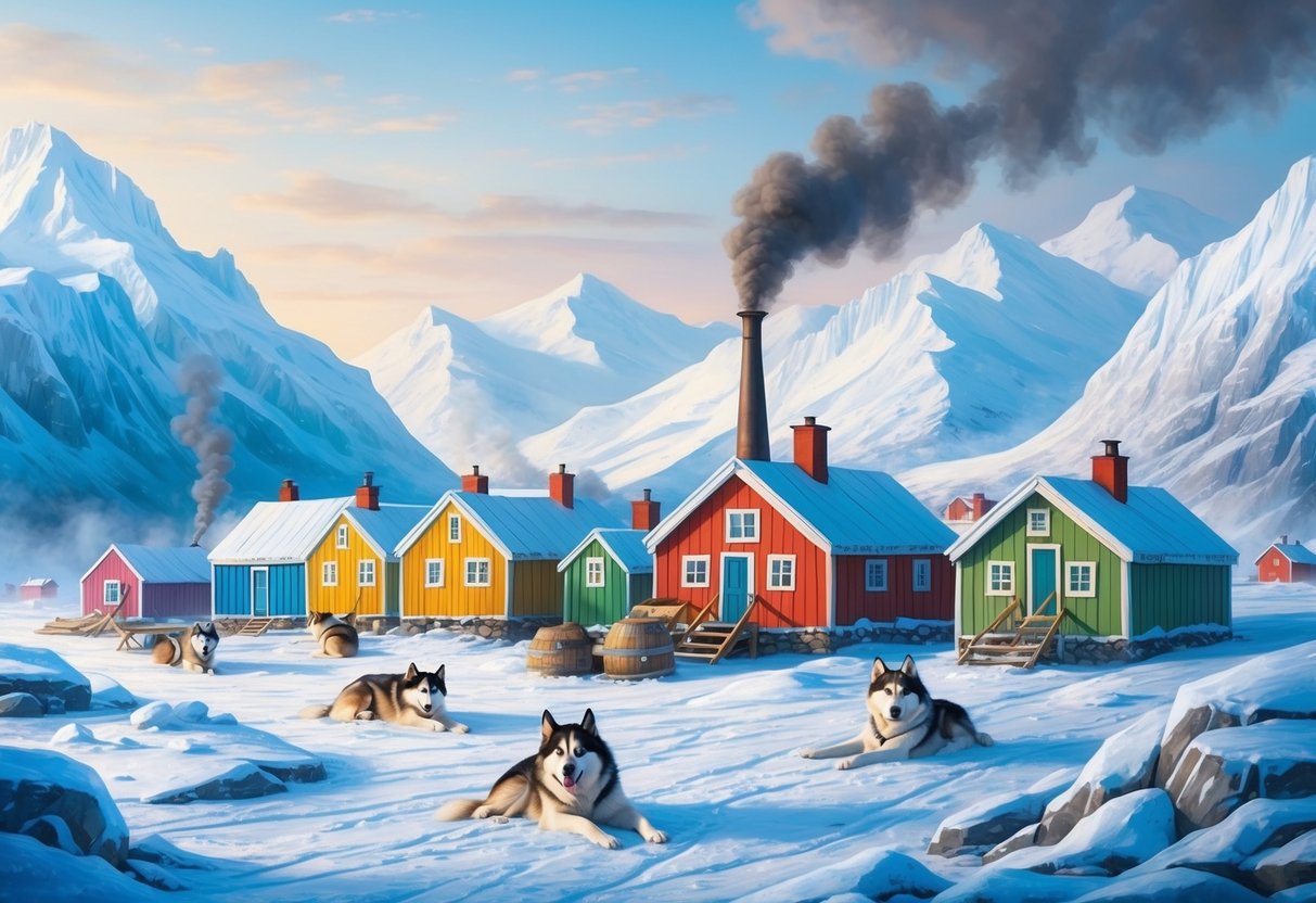 A small settlement of colorful buildings nestled among icy mountains and frozen tundra, with smoke rising from chimneys and sled dogs resting in the snow