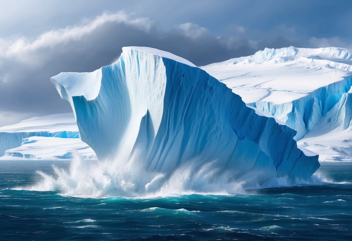 A massive iceberg breaks off from a glacier, creating a thunderous roar as it crashes into the frigid waters of the polar ocean