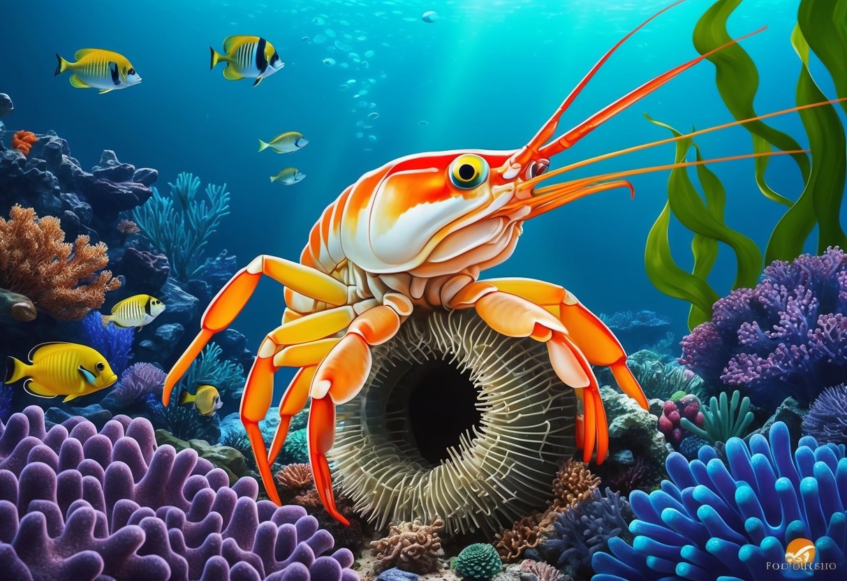 A pistol shrimp emerges from a burrow in a coral reef, surrounded by vibrant sea life and swaying seaweed