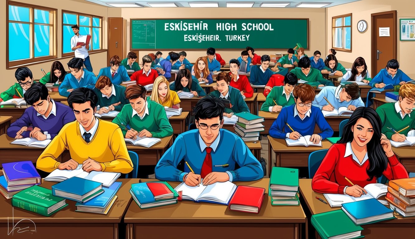 Türkiye'nin Eskişehir şehrinde, kitaplar ve eğitim materyalleriyle çevrili, öğrencilerin heyecanla ders çalıştığı ve sınavlarına hazırlandığı hareketli bir lise.