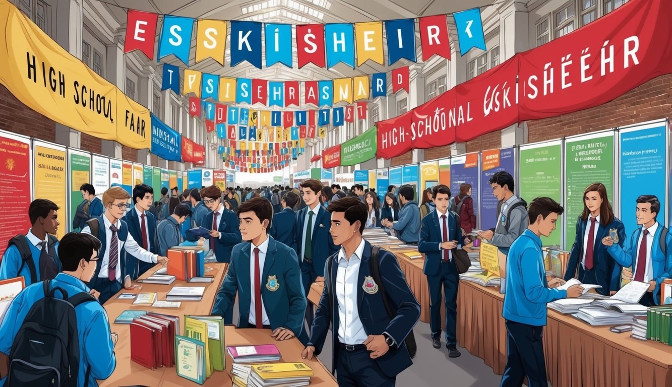 Türkiye'nin Eskişehir şehrinde, renkli afişlerle dolu bir yüksekokul fuarı, öğrencilerin çeşitli eğitim fırsatlarını keşfettiği hareketli bir ortam.
