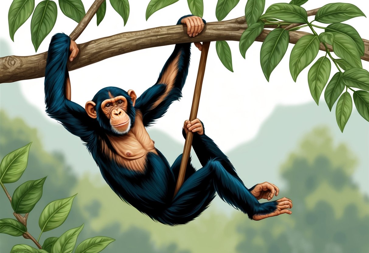 A chimpanzee effortlessly swings from branch to branch, showcasing its powerful muscles and sturdy skeletal structure