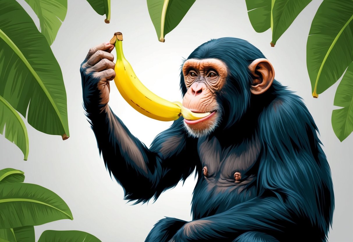 A chimpanzee effortlessly peels a banana with precise muscle control and fine motor skills, showcasing its impressive strength and dexterity