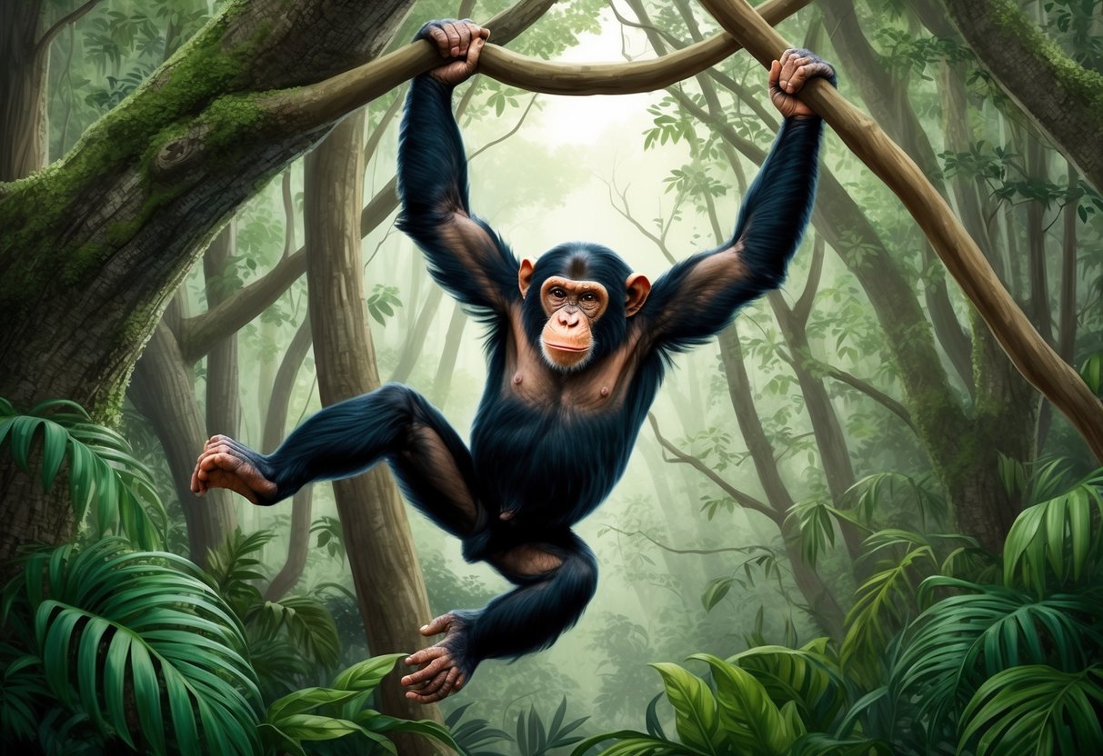 A chimpanzee swinging effortlessly through the dense forest, displaying impressive strength and endurance as it navigates the treetops