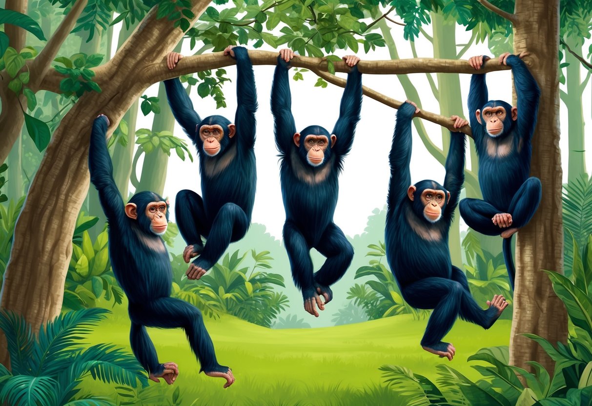 A group of chimpanzees in a lush forest, using their strength to climb and swing from tree to tree while interacting with their environment