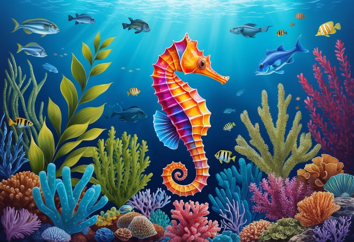 A colorful seahorse swims among a variety of marine plants and coral, surrounded by other diverse sea creatures