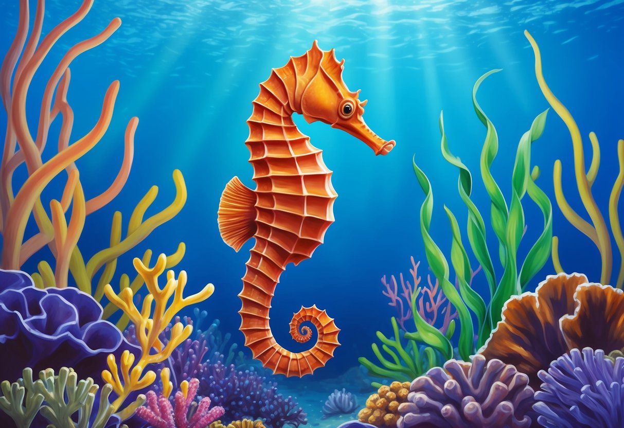 A seahorse navigating through vibrant coral reefs, camouflaging itself among swaying sea plants and using its prehensile tail to anchor against strong currents