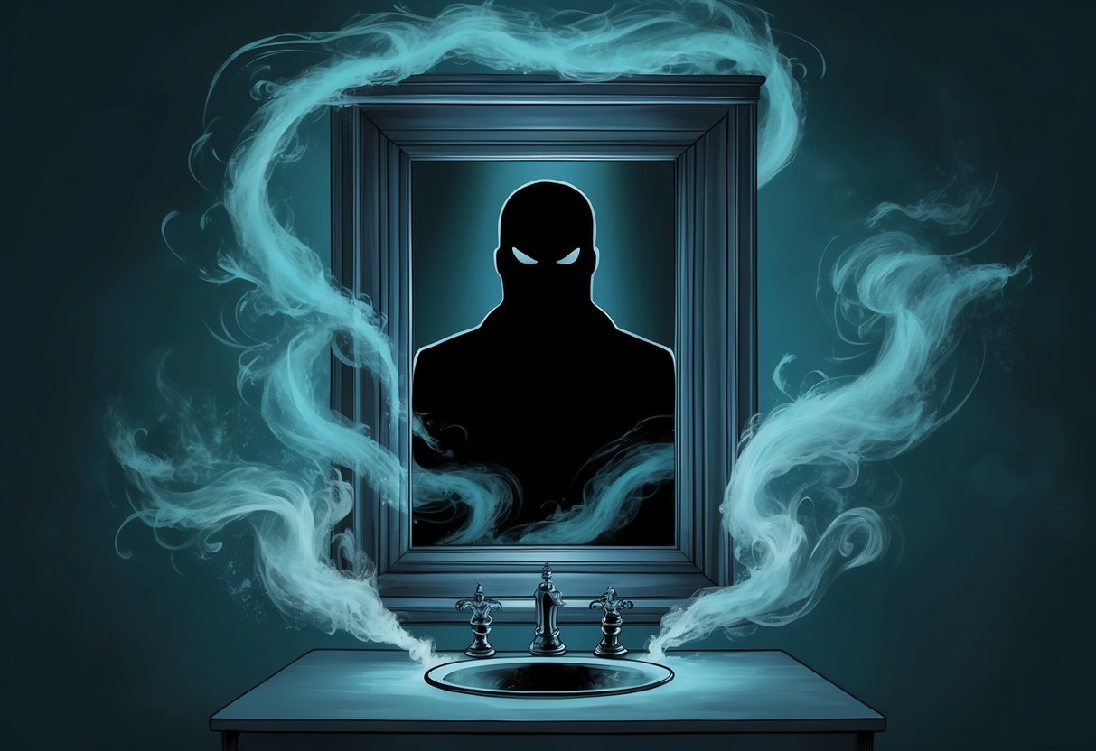 A dark silhouette emerges from a mirror, surrounded by swirling mist and a sense of unease