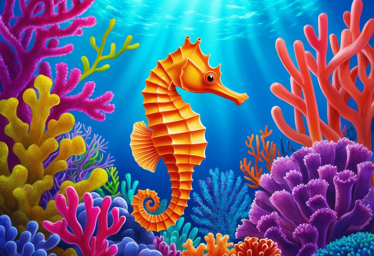 A seahorse swimming among colorful coral and sea plants in a vibrant ocean reef