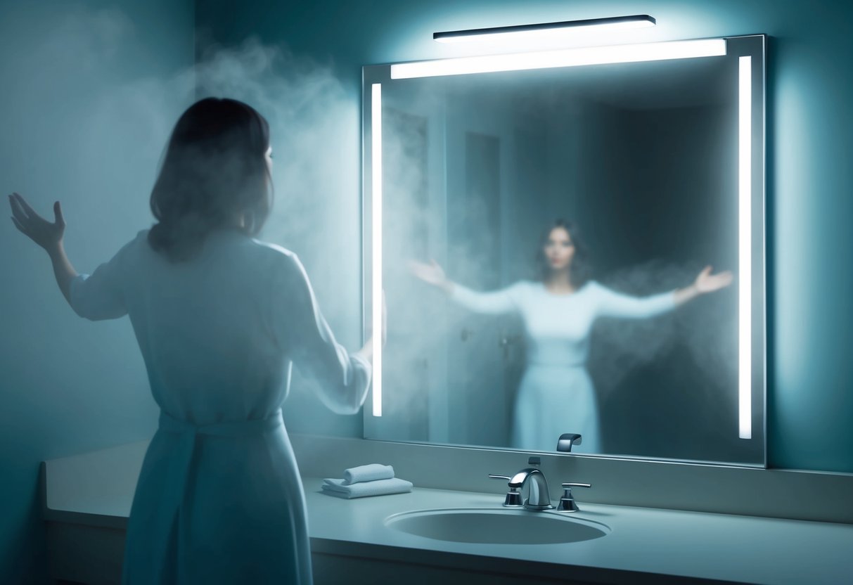 A dimly lit bathroom mirror reflects a blurred figure surrounded by mist.</p><p>A faint silhouette of a woman with outstretched arms appears in the fog