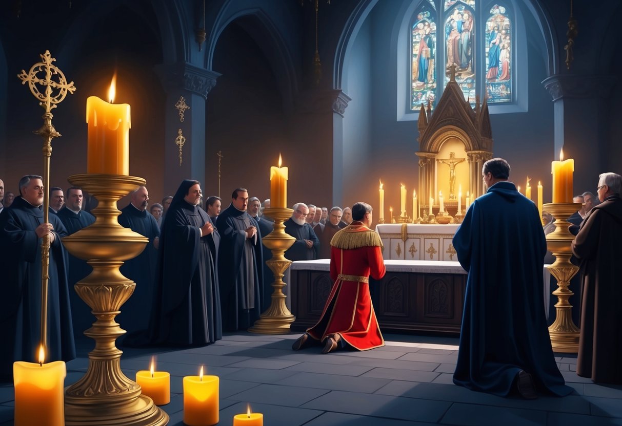 A dimly lit cathedral with flickering candles and ornate religious symbols scattered about.</p><p>A figure clad in regal attire kneels before an altar, surrounded by somber onlookers