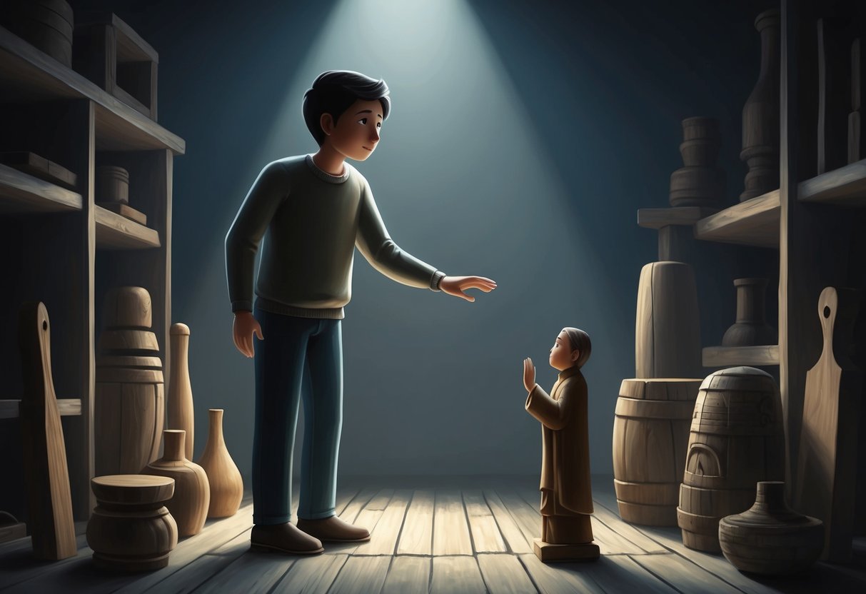 A lone figure stands in a dimly lit room, surrounded by various wooden objects.</p><p>The figure reaches out to touch a small wooden statue, their face reflecting a mix of hope and anxiety