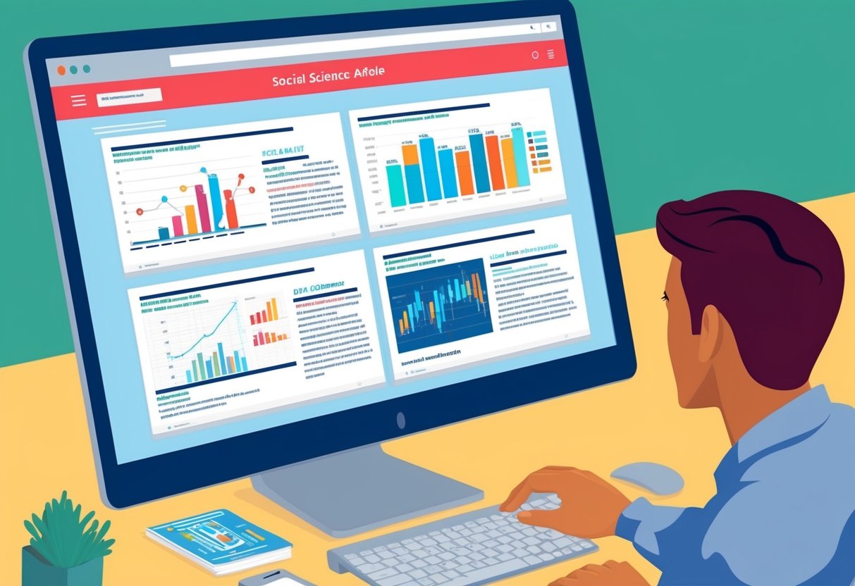 A computer screen displaying various social science articles with data visualizations and graphs