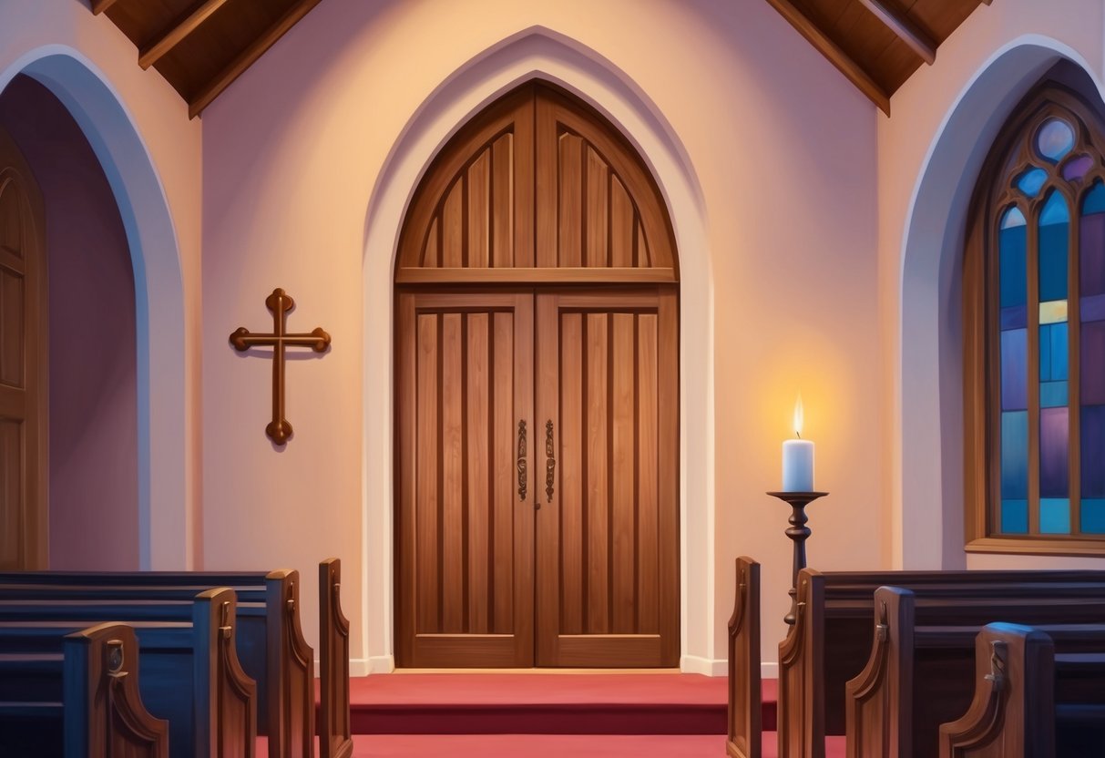 A serene church interior with a wooden door, a lit candle, and a cross