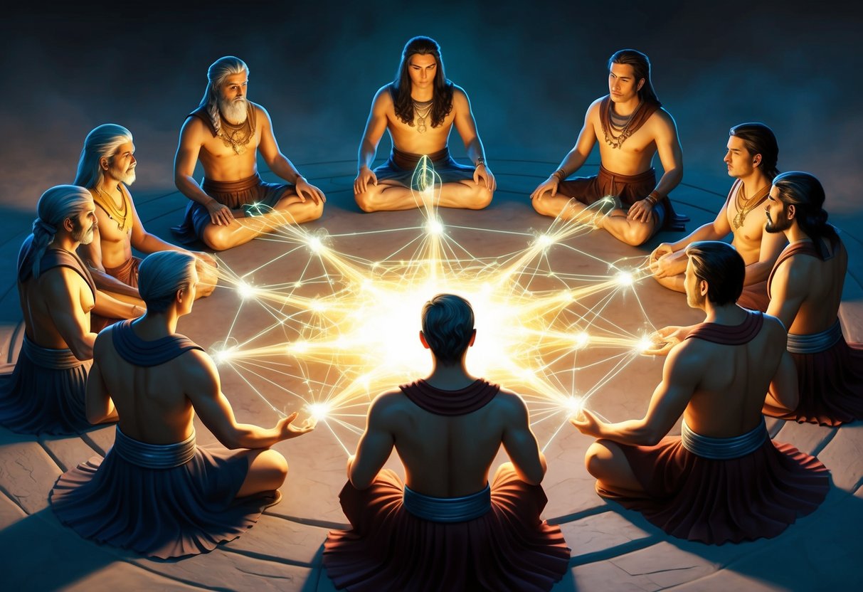 A group of ancient figures sit in a circle, their minds connected through a glowing network of energy, communicating telepathically