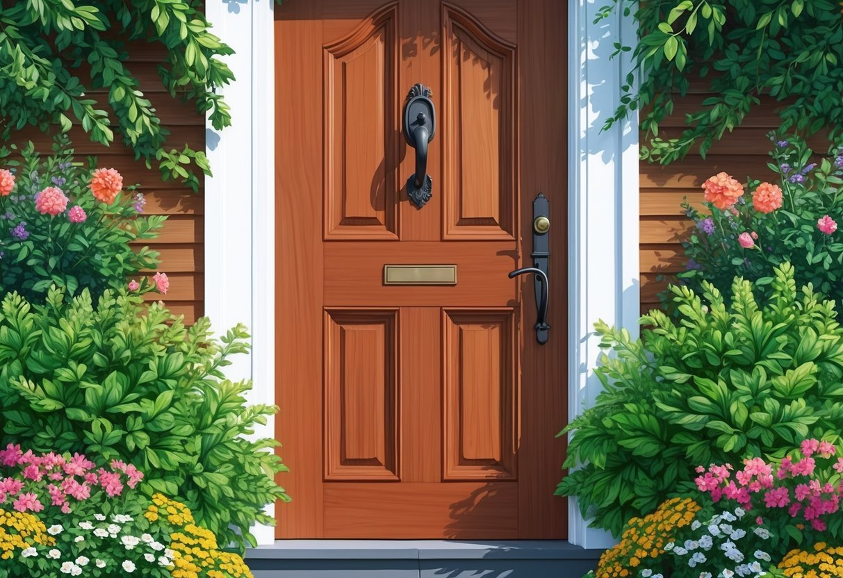 A wooden door with a hand-shaped knocker, surrounded by lush greenery and vibrant flowers