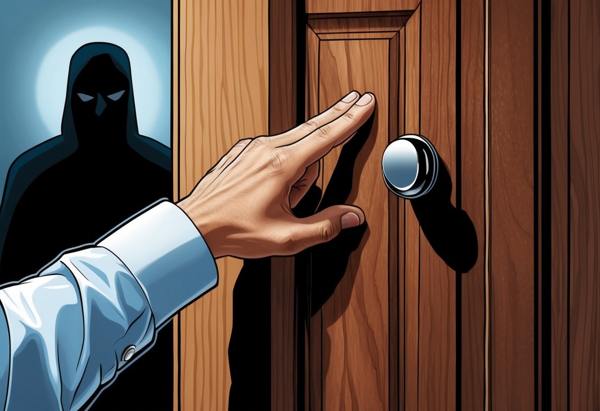 A hand knocking on a wooden door with a hopeful expression, while a shadowy figure lurks in the background