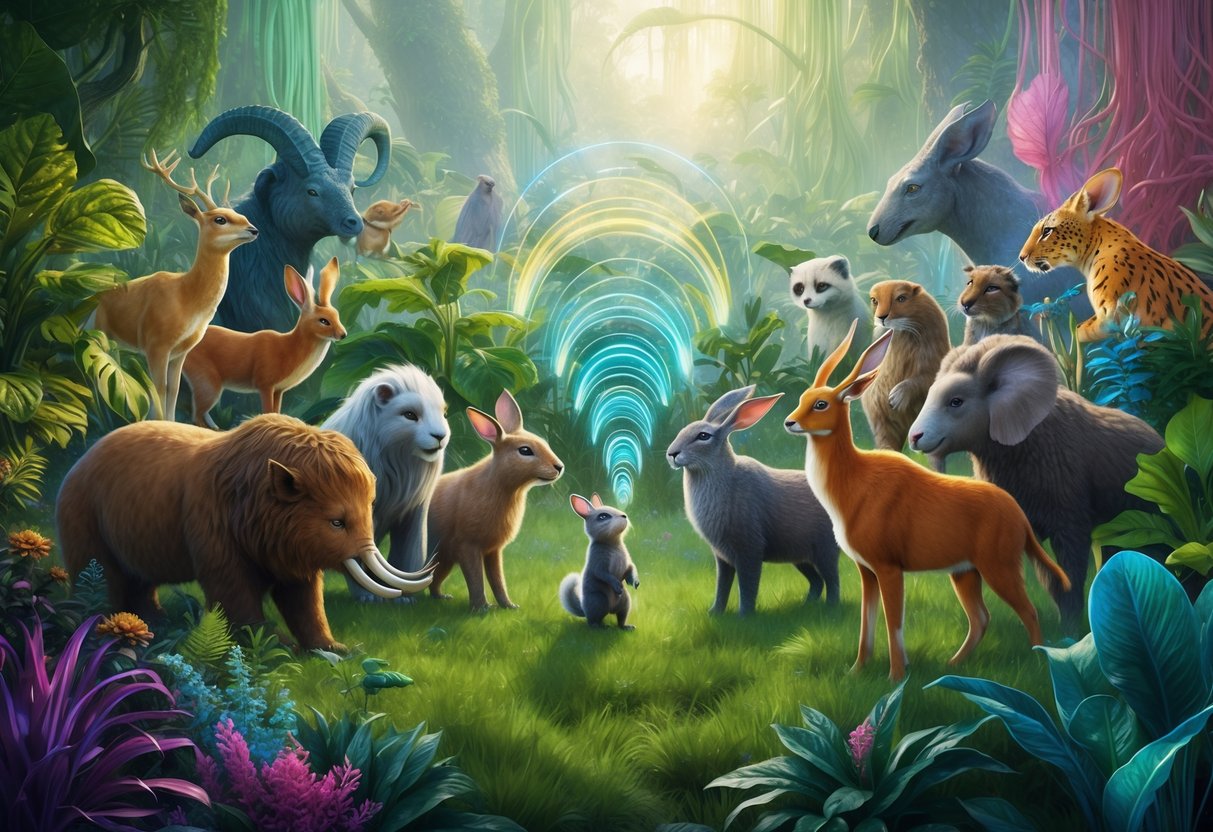 A group of diverse animals and plants exchange thoughts and emotions through colorful energy waves in a lush, otherworldly landscape