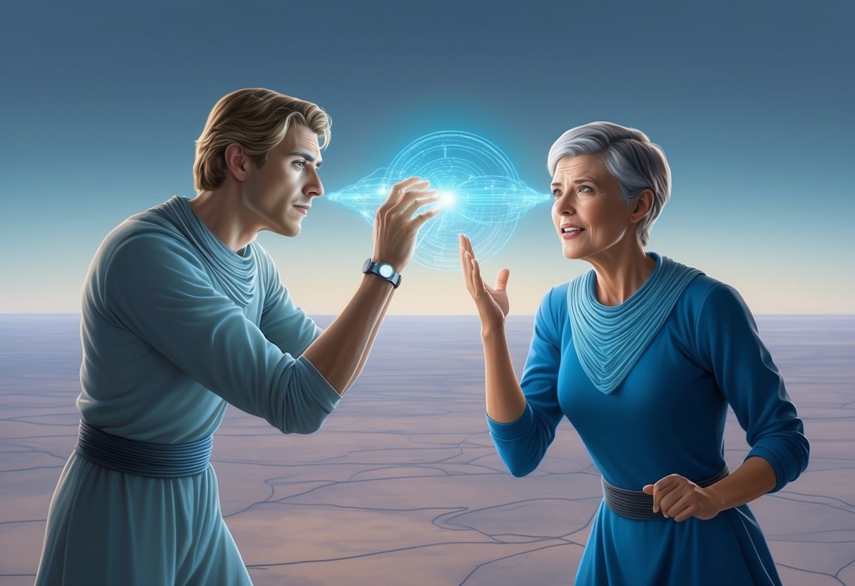 Two figures attempt telepathic communication across a vast, empty expanse.</p><p>One figure struggles to concentrate, while the other appears frustrated by the limitations of their connection