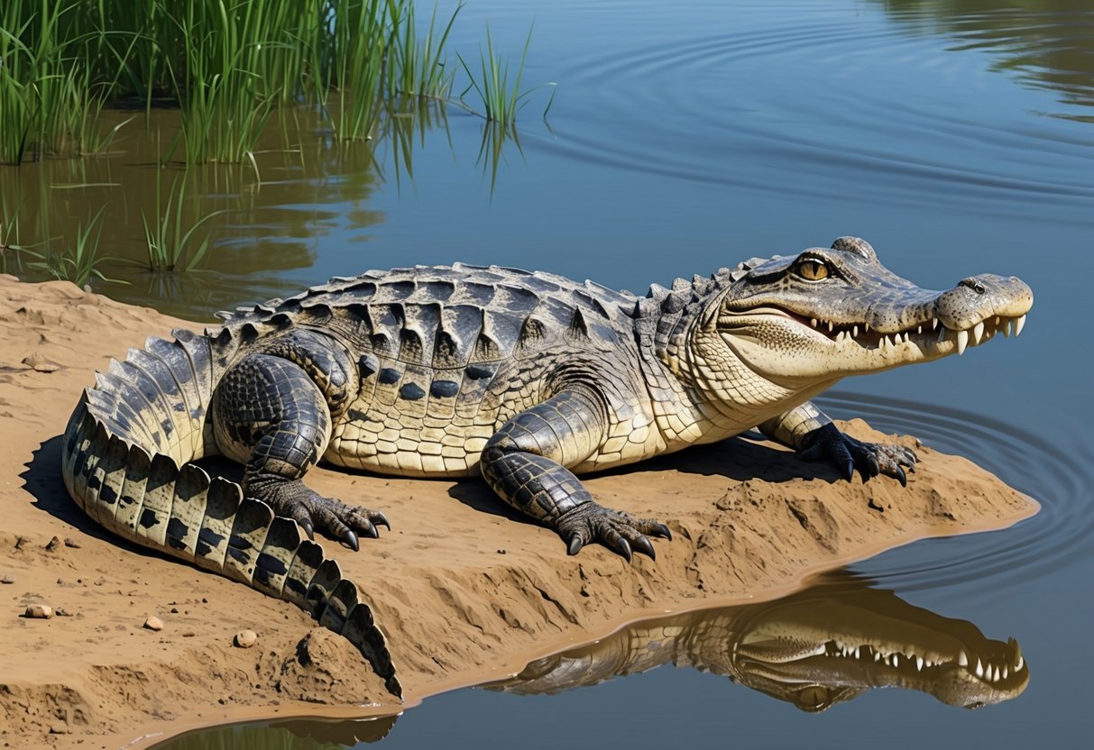 A large alligator basks on a muddy riverbank, its scaly body partially submerged in the water, its sharp teeth glistening in the sunlight